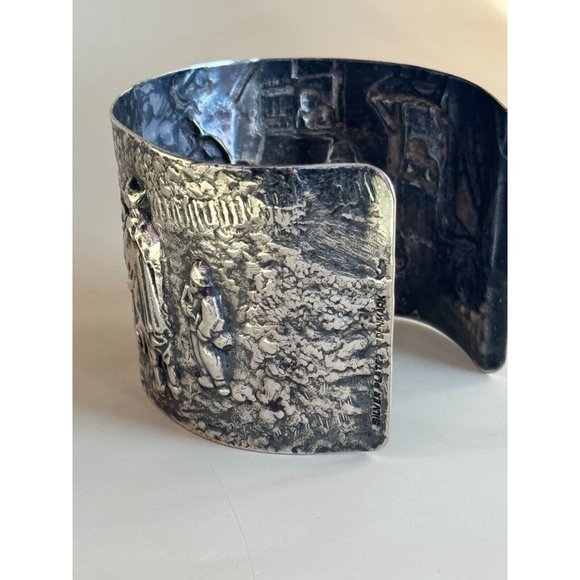 Vintage Denmark Repousse Story Scene Hans Jensen Silverplate Wide Cuff Bracelet - Picture 6 of 9